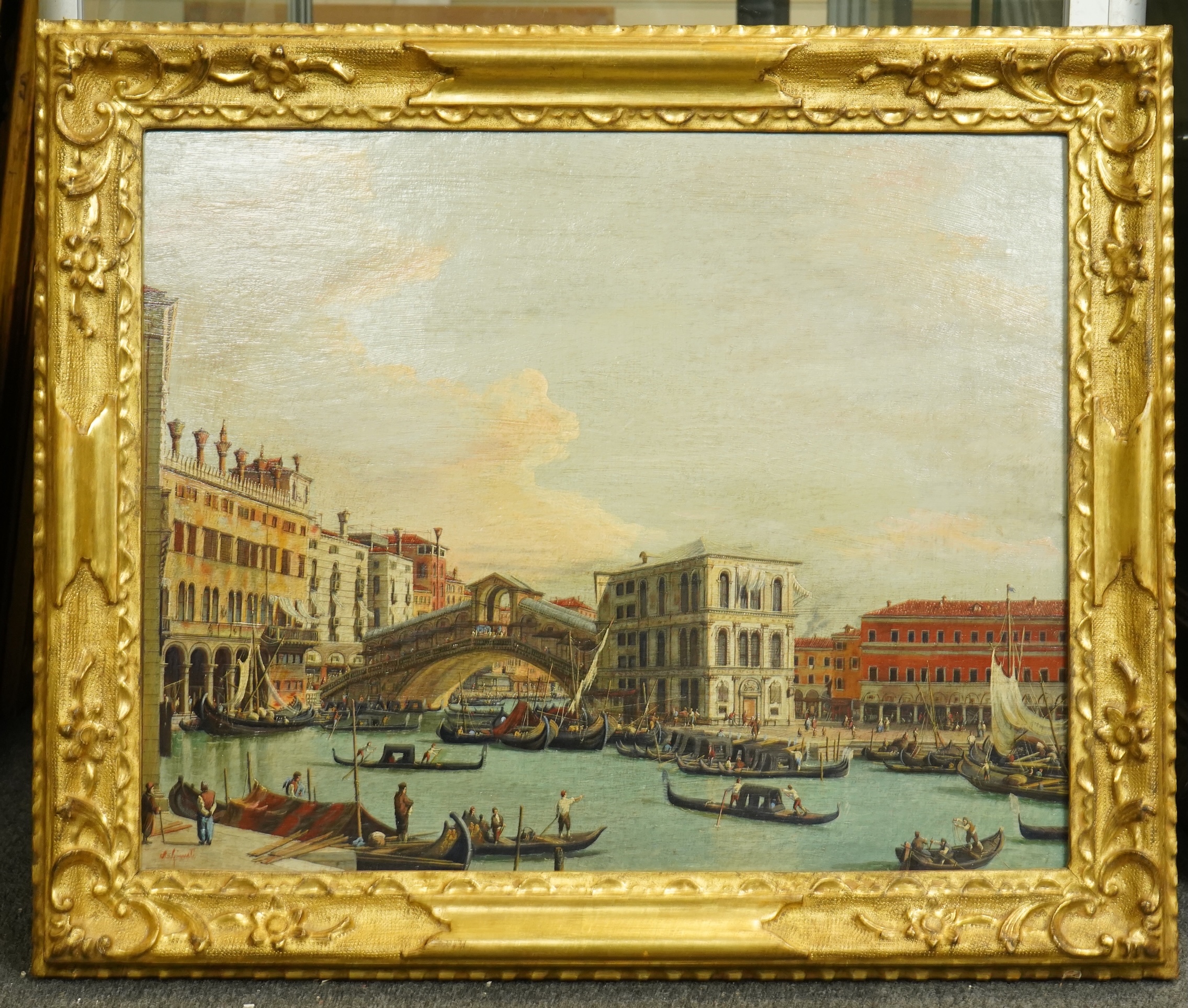 After Francesco Guardi (Italian, 1712-1793), View of Venice with the Rialto Bridge, oil on canvas, 39 x 49cm